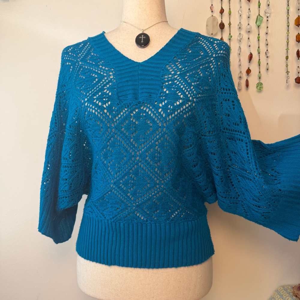 Y2K Boho Teal Blue Crochet Batwing Dolman Top Indie Sleaze V-Neck S/M Tuscan mom